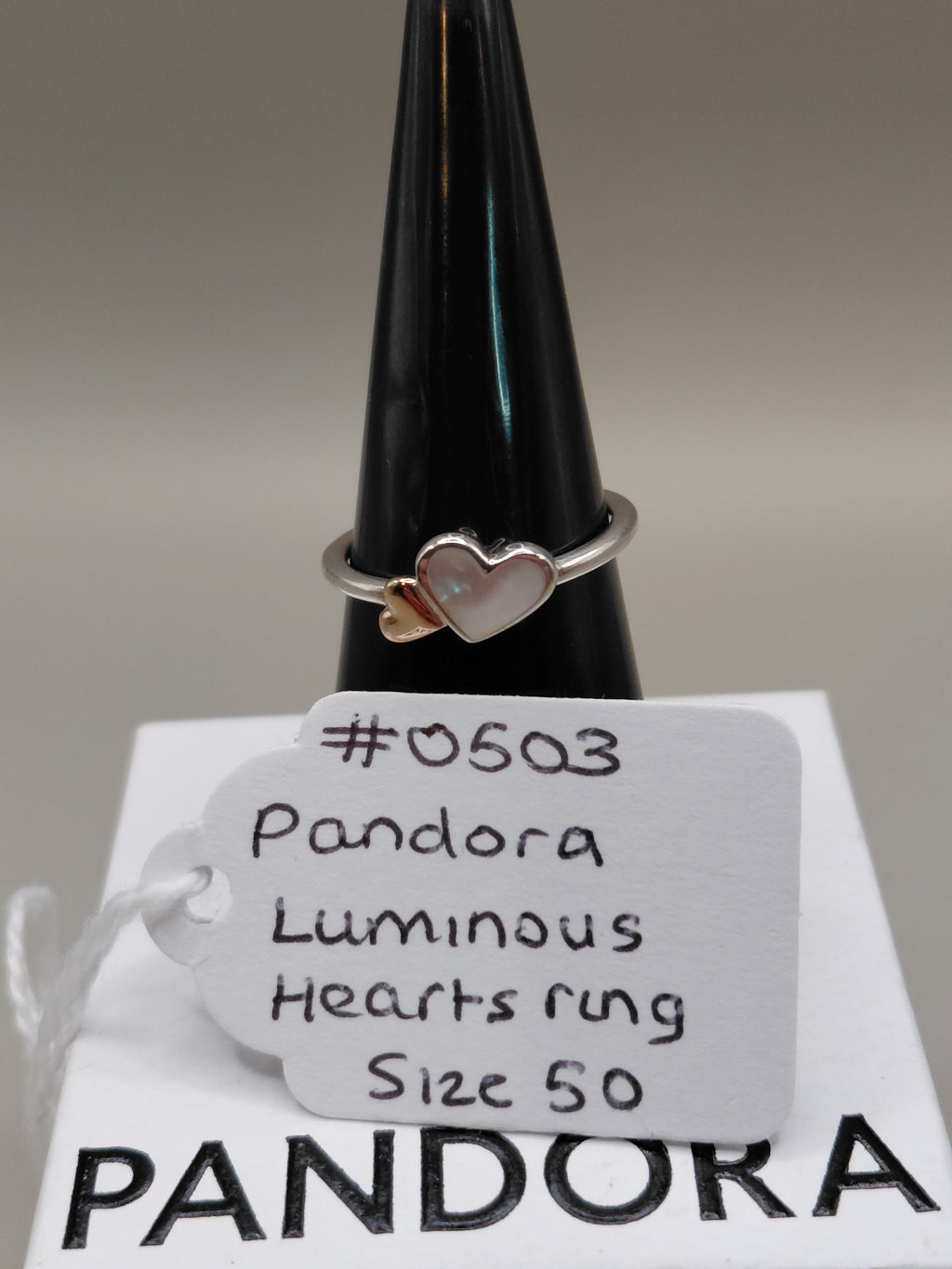 Pandora Preloved Silver And 14ct Gold With Mother Of Pearl Luminous Hearts Ring Size 50 Lot 0503