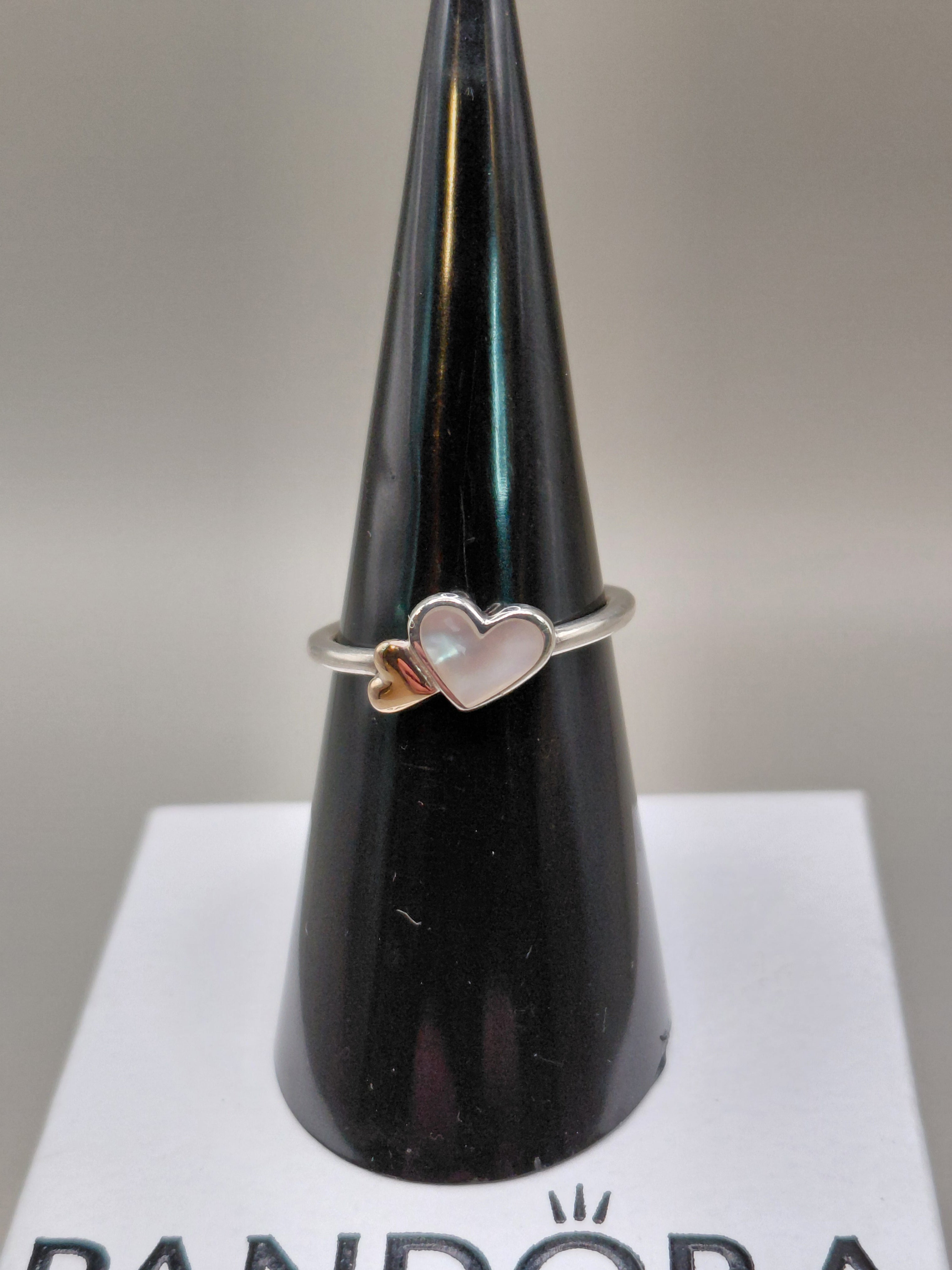 Pandora Preloved Silver And 14ct Gold With Mother Of Pearl Luminous Hearts Ring Size 50 Lot 0503